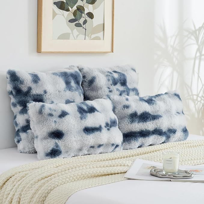 FUTEI Blue White Decorative Throw Pillow Covers 16x16 Inch Set of 2,Soft Fuzzy Faux Rabbit Fur Cushion Covers with Raised Texture,Neutral Boho Home Decor for Couch Bed Living Room