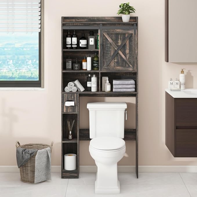 Over The Toilet Storage Cabinet, Farmhouse Storage Cabinet Over Toilet with Sliding Doors & Toilet Paper Holder Stand,Home Space-Saving Toilet Rack, for Bathroom, Laundry(Dark Grey)