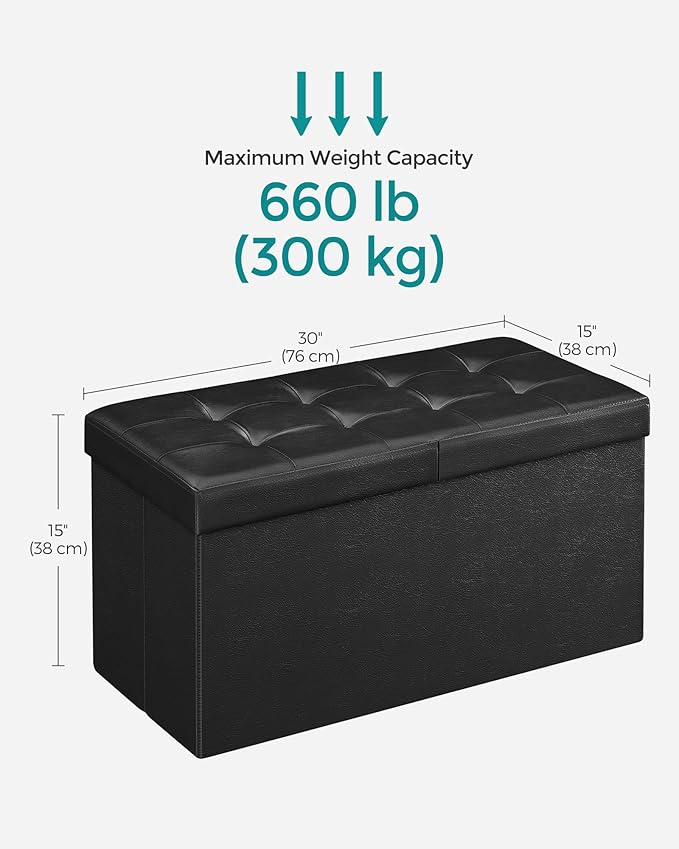 SONGMICS MAZIE Collection - 30 Inches Storage Ottoman Bench with Flipping Lid, Storage Chest Footstool, Load 660 lb, for Entryway, Living Room, Bedroom, Synthetic Leather, Black ULSF45BK