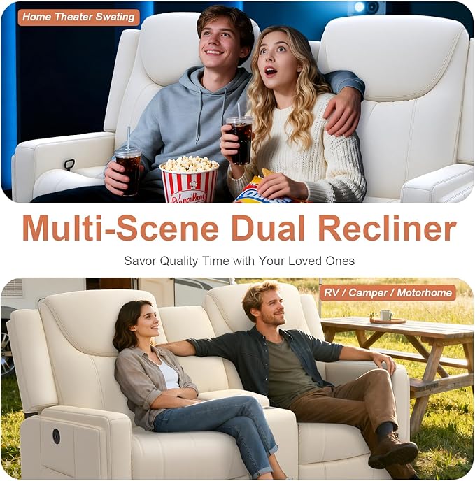 Loveseat Recliner Sofa, Beige PU Leather Double Recliner Loveseat with Console, Cup Holders, Storage & USB Ports, Ergonomics,Manual Reclining Sofa Couch for Living Room, RV