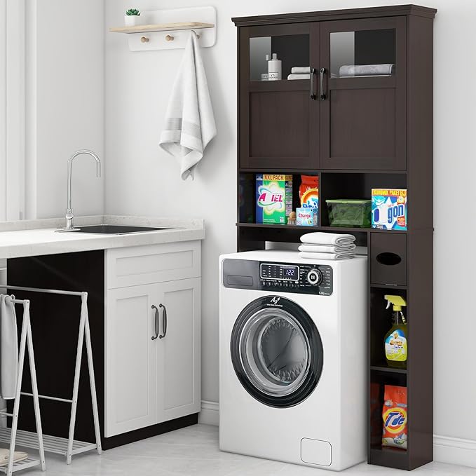 Over The Toilet Storage Cabinet, Storage Cabinet Over Toilet with Double Doors & Toilet Paper Holder Stand, Freestanding Toilet Shelf Space Saver with Anti-Tip Design & Adjustable Shelf, Espresso
