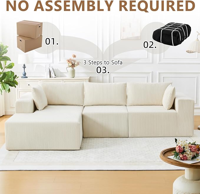 109" Cloud Sectional Couch, Boneless Couches for Living Room, Modular Sectional Sofa with Deep Seat, L-Shape Couch with Chaise, Comfy Corduroy Fluffy Modern Modular Sofa, No Assembly Required, Beige