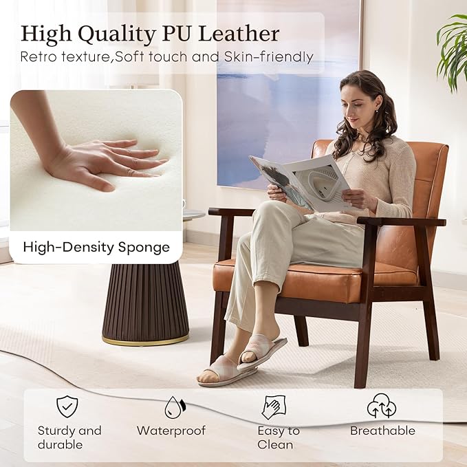 Bonzy Home Mid Century Modern Accent Chair for Living Room, Upholstered Faux Leather Armchair Comfy Retro Bedroom Side Chair with Solid Wood Frame, Orange