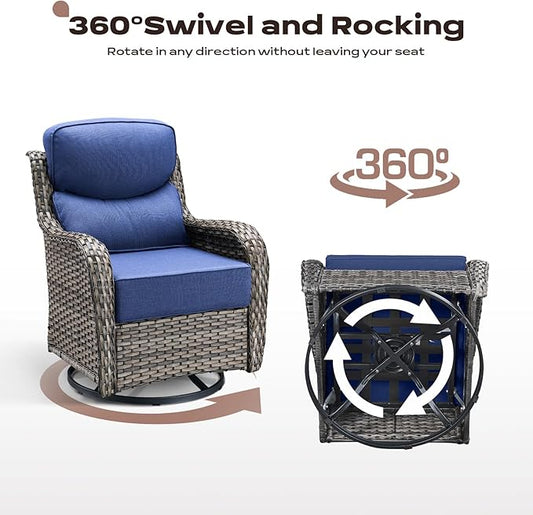 Wicker Outdoor Patio Furniture Sets - 6 Piece Patio Conversation Set with Swivel Rocker Chairs, Ottomans, Sofa and Side Table, 6 inch Cushions, Waterproof Wicker, for Porch Deck Mixed Grey/Blue