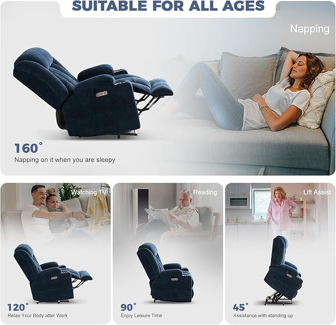 HUSFU Oversized Power Lift Recliner Chairs for Elderly with Massage and Heat, Wide Recliners Chair,Upgraded Chenille Lift Chairs w/Cup Holders, USB & Type-C Ports,Blue,2PCS