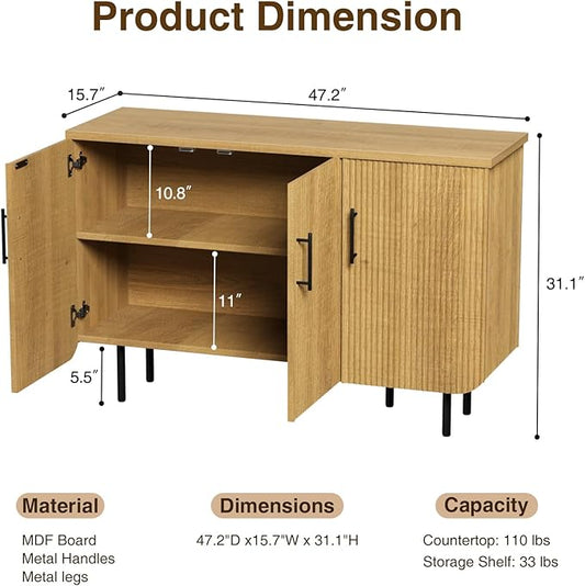 Modern Fluted Natural Storage Cabinet with 3 Doors, Adjustable Shelves, and Metal Legs, Accent Buffet Sideboard for Living Room, Dining Room, Entryway (Natural & Black)