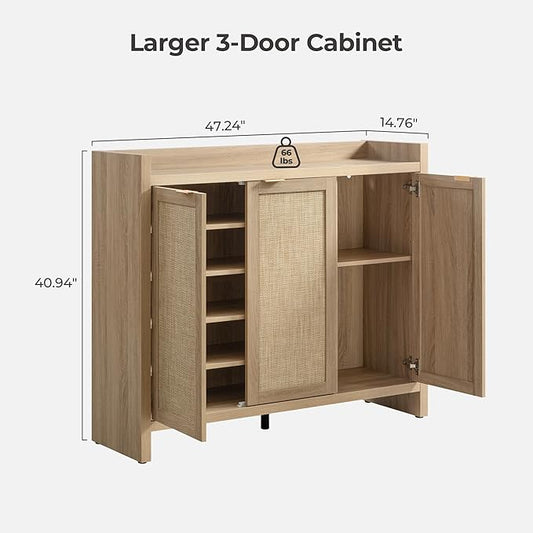 SICOTAS Shoe Storage Cabinet Set of 2, Large Tall Shoe Cabinet, Rattan Shoe Cabinet Storage for Entryway, Farmhouse Cabinet with Doors and Adjustable Shelves for Entryway Hallway, Light Oak