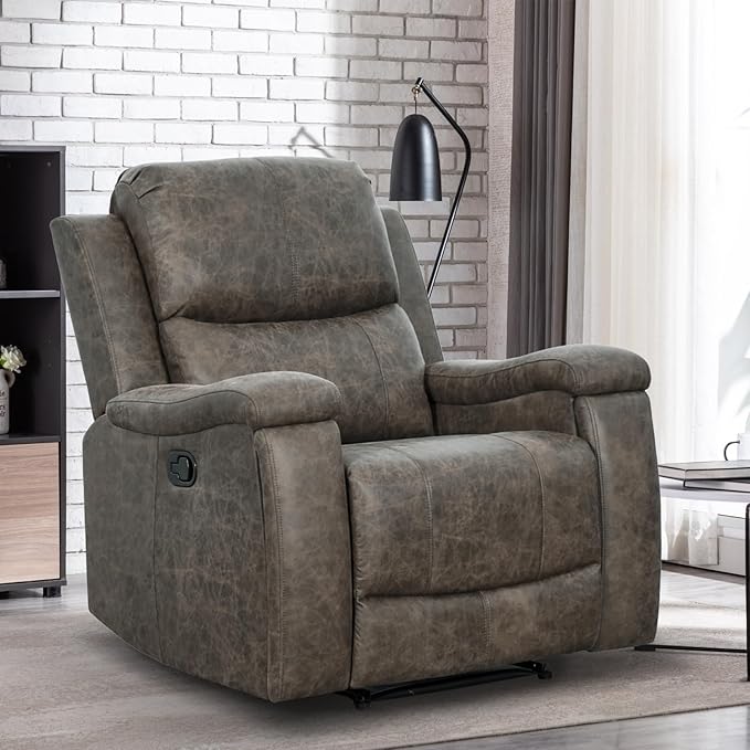 EBELLO Grey Recliner Chair, Single Overstuffed Sofa Recliners, Breathable Faux Leather Manual Reclining Chairs with Hidden Cup Holder, Arm and Back for Adults, Living Room, Bedroom, Grey