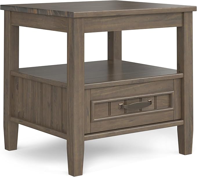 SIMPLIHOME Lev SOLID WOOD 20 Inch Wide Rectangle Transitional End Table with Bottom Drawer in Smoky Brown, For the Living Room and Bedroom