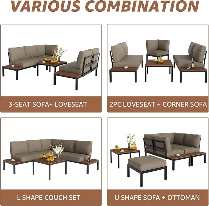 NATURAL EXPRESSIONS Patio Furniture Sets, Metal Outdoor Sectional L Shape Corner Sofa Outdoor Couch with Detachable Backrest,3 Fauxwood Tables,Black Frame,Shale Olefin Cushions for Yard,Garden