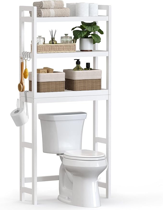 SONGMICS Over The Toilet Storage, 3-Tier Over Toilet Bathroom Organizer with Adjustable Shelf, 10.2 x 24.8 x 66.9 Inches, Space-Saving, Cloud White UBTS01WT