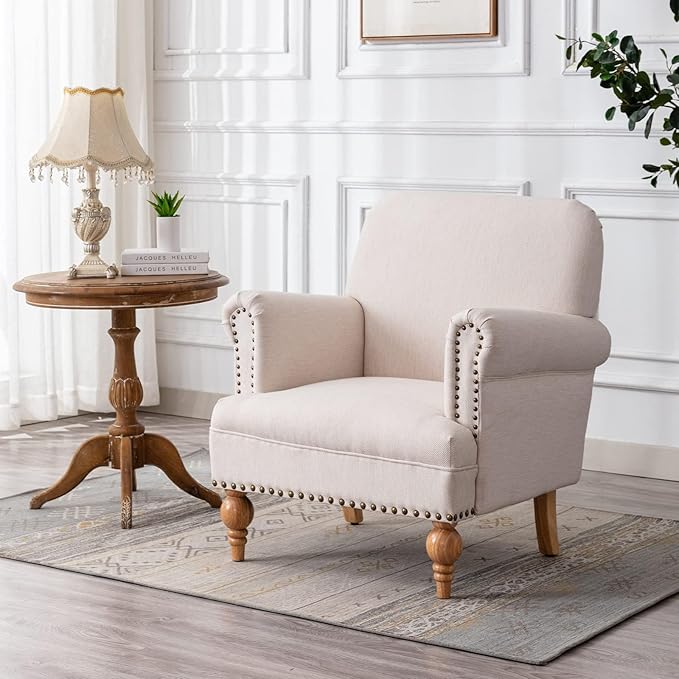 chairus Linen Accent Chair for Living Room Set of 2 Upholstered Mid Century Modern Single Sofa Chair with Solid Wood Legs Comfy Reading Chair Armchair for Bedroom/Office Room/Recption/Lounge, Cream