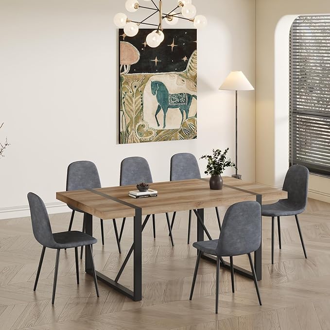 Dining Table Set for 6,Dinner Table Set for 6,71'' Kitchen Table and Suede Nap Fabic Chairs Set of 6,6 Chair Dining Table Set for Kitchen Dining Room