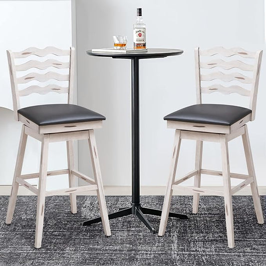 COSTWAY Bar Stools Set of 4, 29” 360° Swivel Bar Height Chairs with Rubber Wood Frame, Cushioned Seat, Ergonomic Backrest & Footrest, Wooden Upholstered Barstools for Kitchen Island (4, 29”)