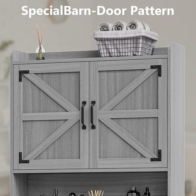 Vabches Over The Toilet Storage Cabinet, Farmhouse Storage Cabinet Over Toilet with Barn Doors & Toilet Paper Holder Stand,Home Space-Saving Toilet Rack, for Restroom/Laundry and Bathroom