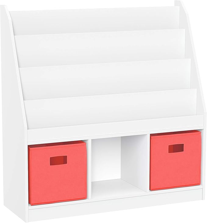 RiverRidge Kids Bookrack with Three Cubbies and 2 Coral Bins