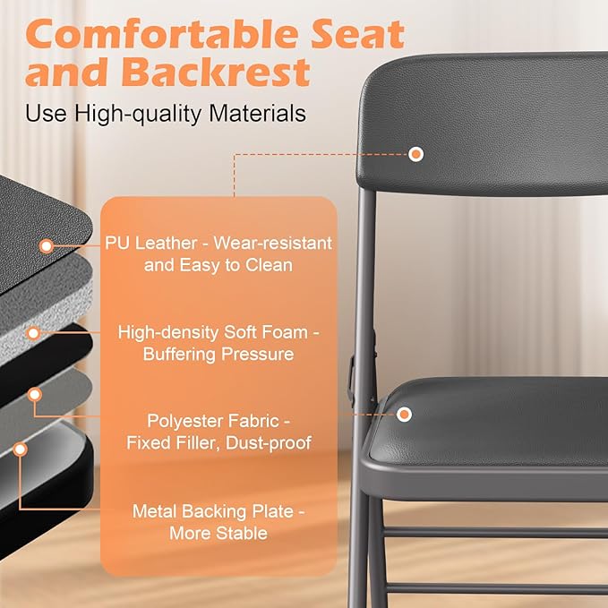 Commercial Grade Folding Chair with Padded Fabric Cushion(16"X16" |Double-hinged Legs Luxury Style|4.5kg Capacity Max Weight 150Kg for Home and Office,Indoor and Outdoor Events (2, PU-Gray)