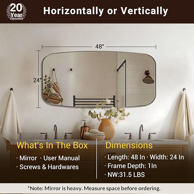 ANDY STAR Brushed Nickel Bathroom Mirror, 24x48 Oblong Mirror with Stainless Steel Metal Frame, Silver Oval Vanity Mirror for Over Sink, Modern Anti Rust Wall Mounted