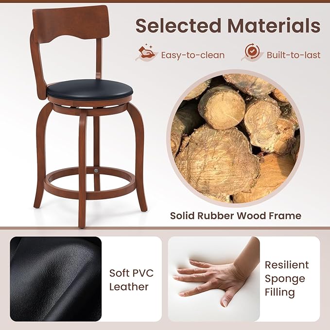 COSTWAY Bar Stools Set of 2, 24 Inch Swivel Counter Height Chairs with Rubber Wood Frame, Upholstered Seat, High Back Barstools for Kitchen Island, Home Bar, Pub, Brown (2, Seat Height: 24”)
