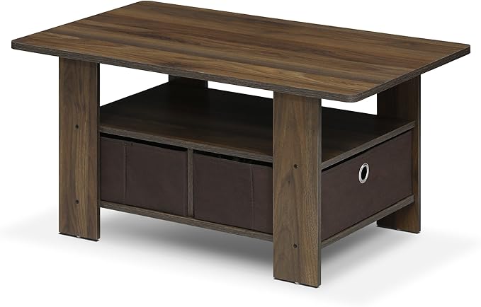 Furinno Andrey Coffee Table with Bin Drawer, Columbia Walnut/Dark Brown