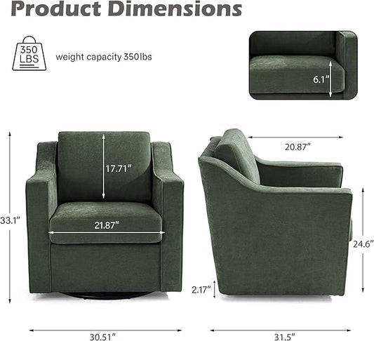 UIXE Swivel Accent Chairs Set of 2, Chenille Upholstered Arm Chair for Living Room, Modern Club Armchair Comfy Single Sofa Bedroom Reading Seat with Lumbar Pillow - Green