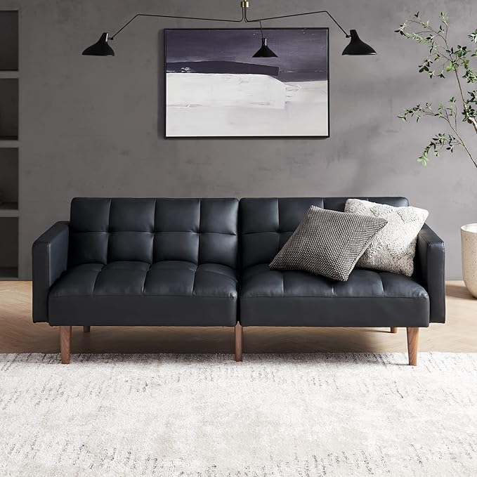 mopio 76.4" Futon Sofa Bed, Couch, Loveseat, Sleeper Sofa, Mid Century Modern Futon Couch, Sofa Cama, Couches for Living Room (Aaron PU, Midnight Black)