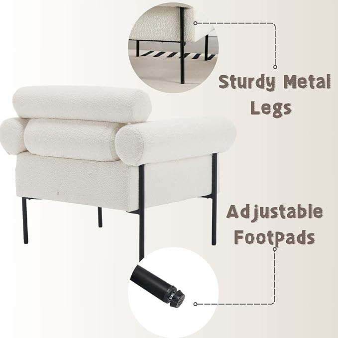 Modern Accent Chair, Boucle Sofa Accent Chair for Living Room, Upholstered Sherpa Mid-Century Modern Armchair, Oversized Reading Chair with Channel Tufted for Bedroom, Office, White