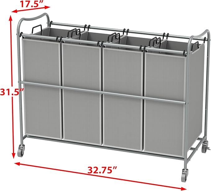 Simple Houseware 4-Bag Heavy Duty Laundry Sorter Rolling Cart, Silver