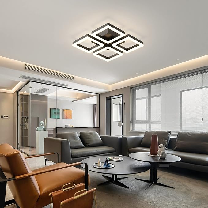 GEADI Led Ceiling Light, Modern 4-Square Ceiling Lamp 52W Dimmable Flush Mount Ceiling Chandelier for Living Dining Room Bedroom Kitchen, Black