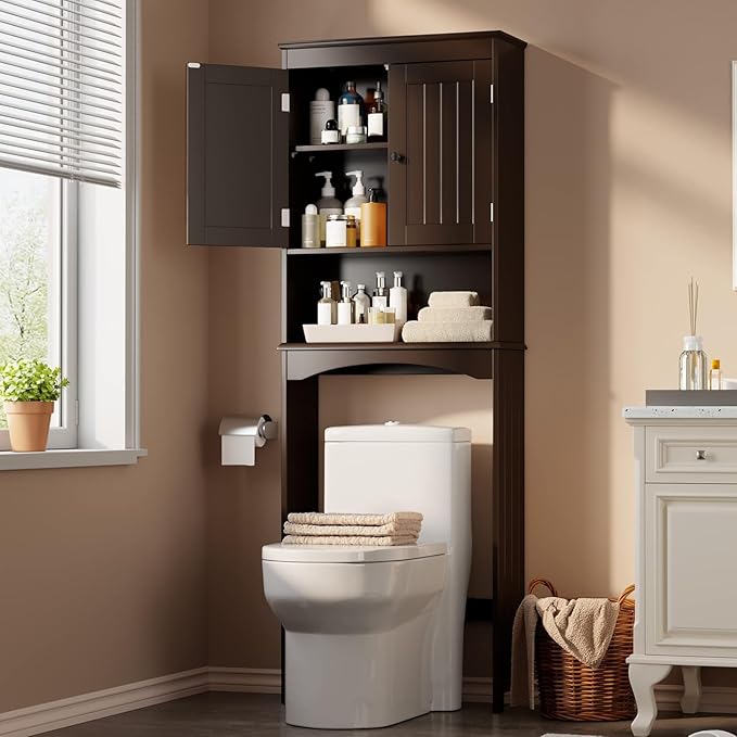 Gizoon Over The Toilet Storage Cabinet with Adjustable Shelf and Double Doors, Bathroom Space Saver Organizer Above Toilet with Open Shelf, Taller Wooden Free Standing Toilet Rack -Espresso