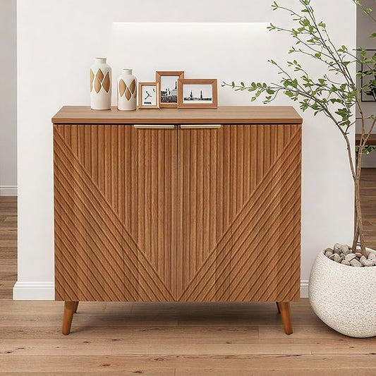 Fluted Brown Storage Cabinet with Doors, Wood Sideboard Buffet Cabinet with Adjustable Shelf, Modern Accent Table for Living Room, Entryway