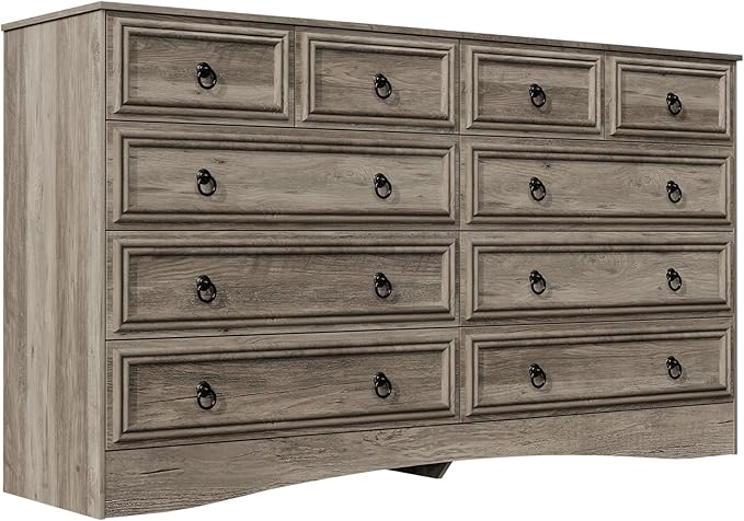 10 Drawers Dresser for Bedroom, 55.2 Inch Wide Large Dressers & Chests of Drawers, TV Stand for 65 inch, Storage Organizer Furniture, Hallway, Entryway, Closet, Brownish Grey