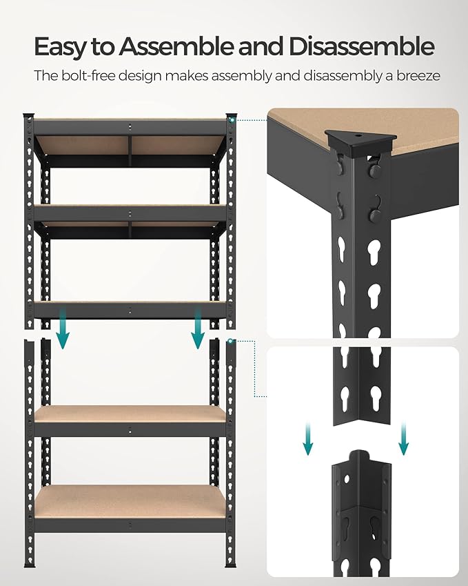 SONGMICS 5-Tier Storage Shelves, Load 2310 lb, Garage Storage, Boltless Assembly, Adjustable Shelving Unit, 11.8 x 29.5 x 59.1 Inches, for Study Shed Basement, Black and Natural Beige UGLR300B01