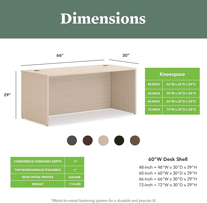 HON MOD Executive Desk 66-Inch Large Computer Desk Shell, Thick Wooden Laminate, Modern Table with Cord Management, 66" W x 30" D x 29" H, Desert Oak