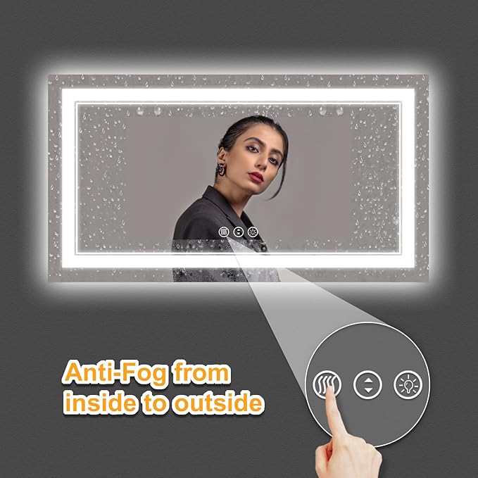 55x30 Inch LED Bathroom Mirror, Backlit and Front Light Anti-Fog Dimmable Memory Lighted Vanity Mirror, Large Shatterproof Wall-Mounted Led Mirror for Bathroom