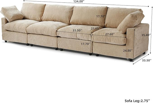 WJShome Modern Sectional Sofa 134 Inch 4-Seater Cloud Couch with Chenille Deep Seat Couches for Living Room, Bedroom and Apartment,Khaki