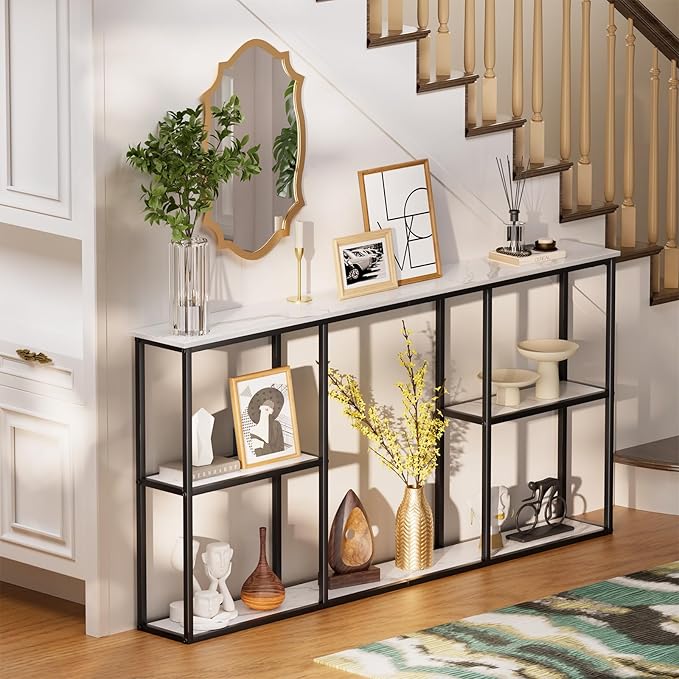 WOHOMO Console Table,Small Modern Entryway Table for Entry,3-Tier Long Sofa Table Behind Couch for Living Room,Entrance,White Marble(63 inch)