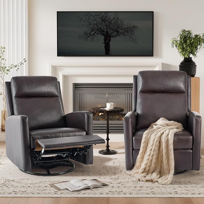 Swivel Rocking Recliner,Wide PU Leather Glider Sofa Chair with Ergonomic High Backrest for Bedroom,Living Room(Chocolate Brown)