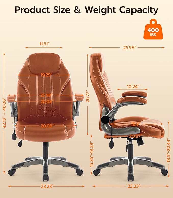 Office Desk Chair, Ergonomic Computer Chair with Padded Flip-Up Arms and Adjustable Lumbar Support, PU Leather Executive Chair with Tilt Lock and 360° Swivel Rolling Wheels for Work, Study