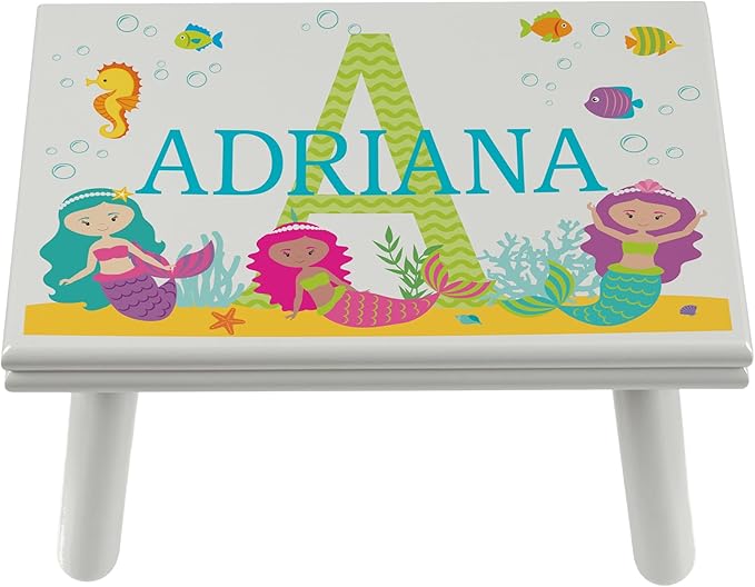 Let’s Make Memories Personalized My Own Name Step Stool - Children’s Step Stool - Sturdy Wood – Non-Toxic Paint, Sealer - Mermaid Design - Gray - 14’Wx9.25”Lx8.75”H - Ages 3+