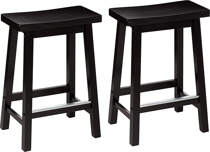 Amazon Basics Solid Wood Saddle-Seat Kitchen Counter Barstool with Footrest, Easy Assembly - 24-Inch Height - Black - Set of 2