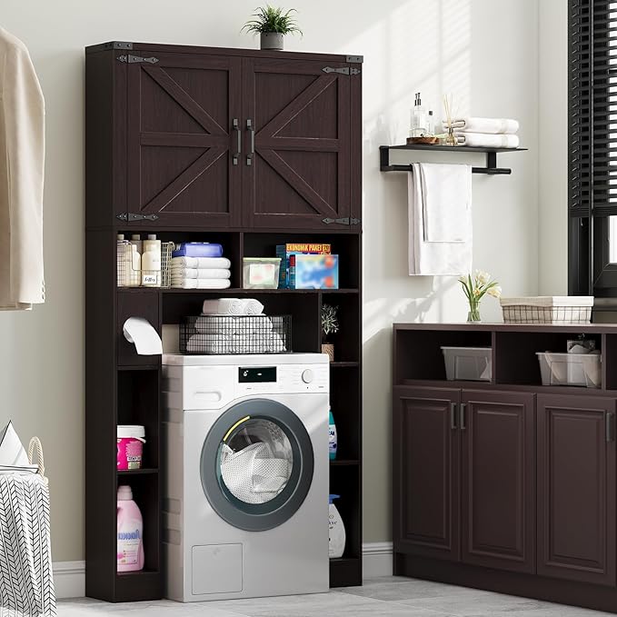 Vabches Over The Toilet Storage Cabinet, Farmhouse Storage Cabinet Over Toilet with 2 Barn Doors ,Toilet Paper Holder Stand,Home Space-Saving Toilet Rack, for Laundry, Restroom, Bathroom(Walnut)