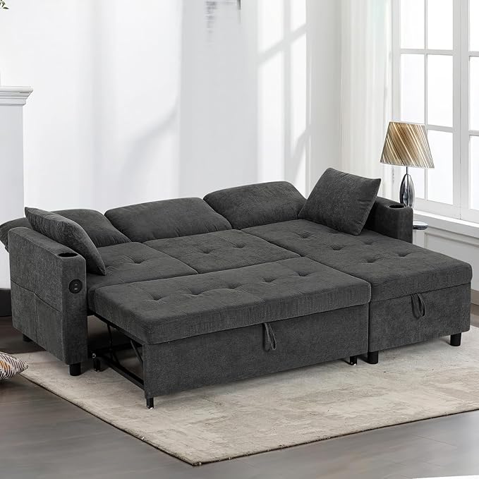 84" Fabric Pull Out Sofa Bed w/Adjustable Backrest, L-Shape Modern Sleeper Sofa w/Reversible Chaise, Upholstered Sectional Couch w/USB Port and Side Pockets for Living Room, House, Grey