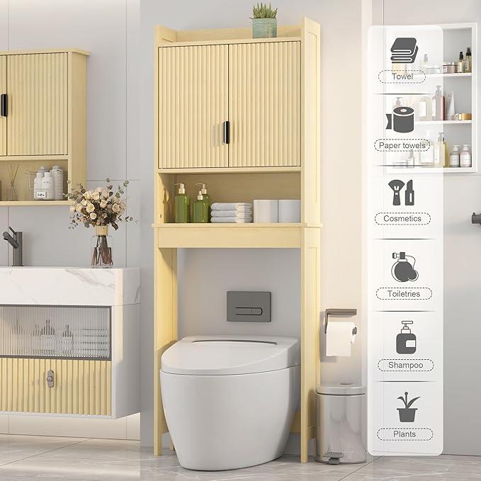 Over The Toilet Storage Cabinet,Behind Toilet Bathroom Organizer with Anti-tip,Space-Saving Toilet Shelf with Storage,Stylish Wave Pattern & Hidden Handle,Bathroom Shelf for Restroom/Laundry