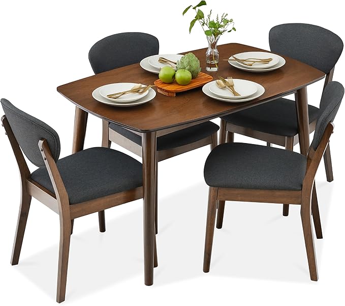 Best Choice Products 5-Piece Dining Set, Compact Mid-Century Modern Table & Chair Set for Home, Apartment w/ 4 Chairs, Padded Seats & Backrests, Wooden Frame - Walnut/Charcoal