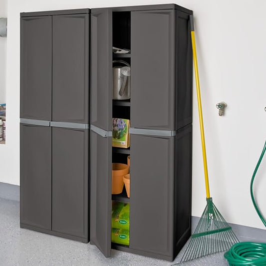 Sterilite 4 Shelf Cabinet, Lockable Utility Storage w/ Adjustable Shelves, Gray - Plastic Shelving Unit for Organizing Garage, Pantry, Basement, Laundry Room or Mudroom