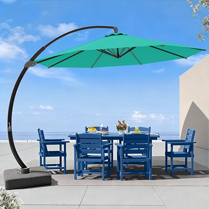 7 Piece Patio Dining Set with 11ft Patio Umbrella (Teal), 7 Navy Outdoor HDPE Dining Set with 6 Chairs + 1 Large Table, for Market, Pool, Garden, Backyard, Deck