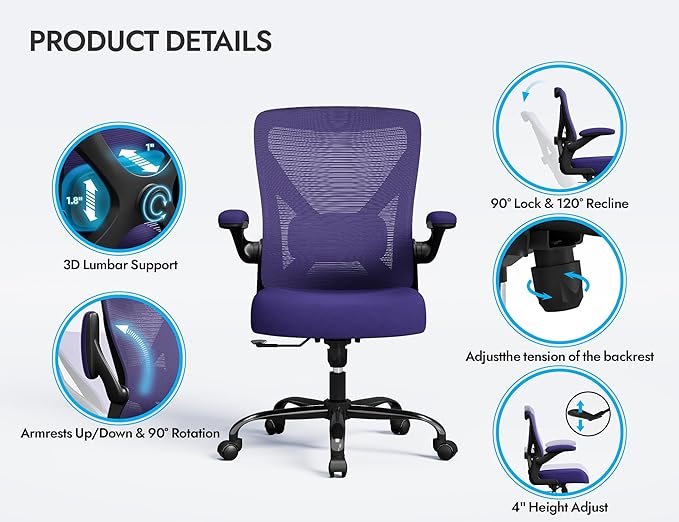 Ergonomic Office Chair - X-Shaped Computer Desk Chair Comfy, Gaming Chair, Office Chair with Lumbar Support, Mesh Office Chairs, Desk Chair for Long Hours(Black Purple)