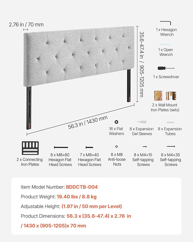 VEVOR Headboard, Full Size Headboard with Adjustable Height, Comfortable Diamond Tufted for Full Size Bed, W 56.3 x H(35.6-47.4) inches, Ideal for Bedroom, Hotel, Homestay, Dormitory, Light Grey