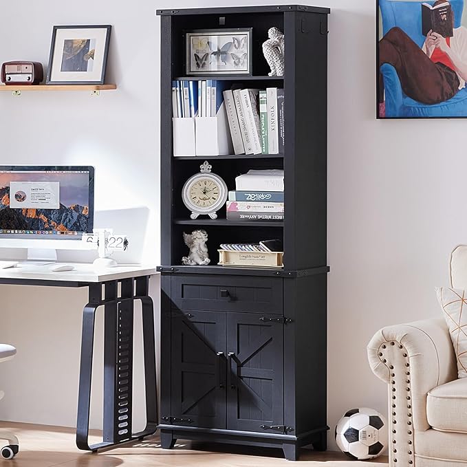 72in Tall Bookshelf 7 Tier Bookcase with Drawer and Barn Doors and Adjustable Shelves, Black Farmhouse Book Shelf with Storage Cabinet, Wood Freestanding Display Bookshelves for Living Room